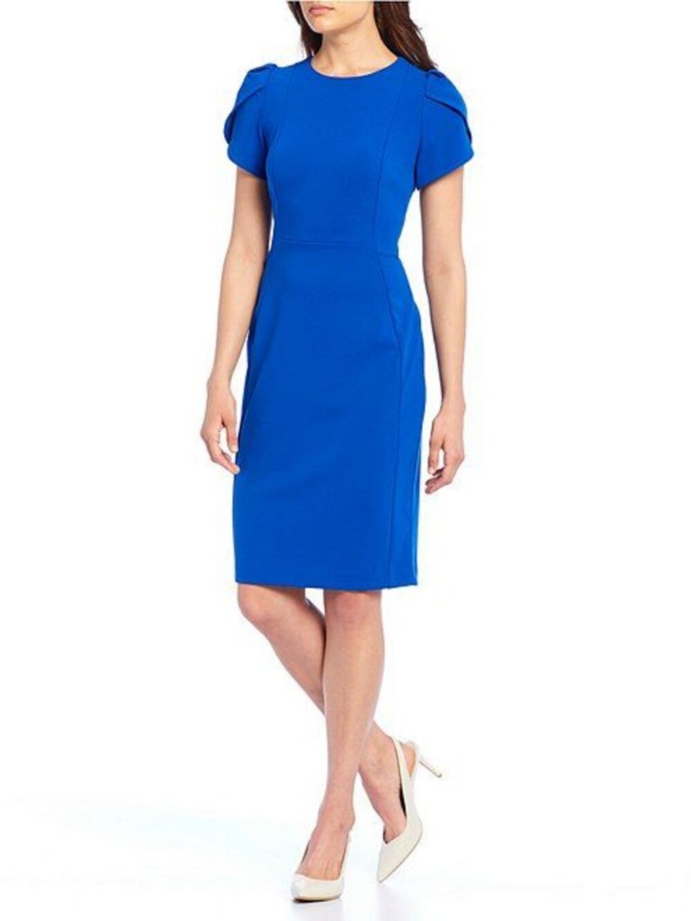 Calvin Klein Royal Blue Petite Tulip-Sleeve Knee Length Sheath Dress 6